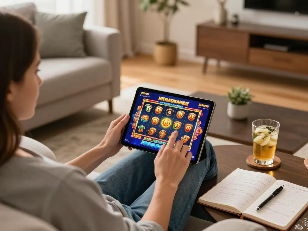 Engaging in exciting gameplay on 33win casino app from a cozy home setting with strategic notes.