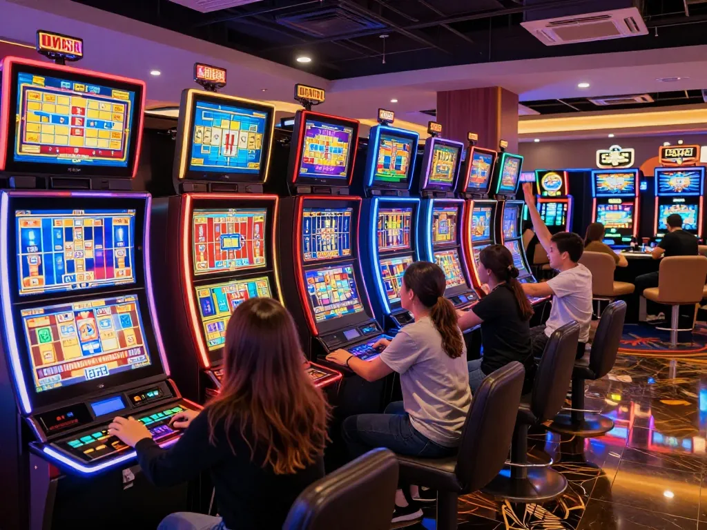 Pemain merayakan kemenangan di situs slot gacor dengan mesin slot berwarna cerah di kasino modern.