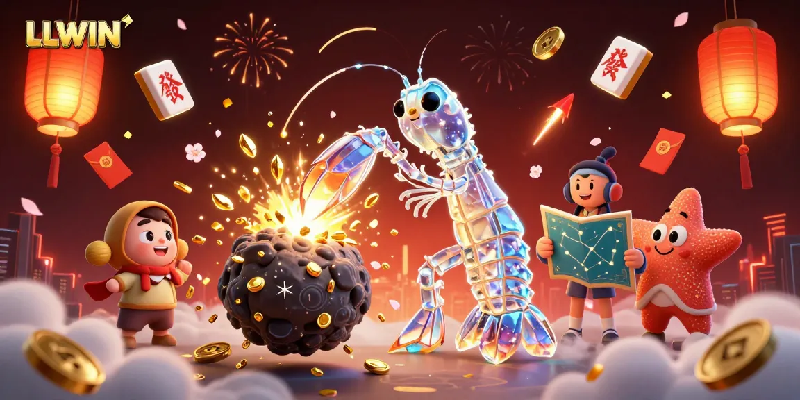 LLWIN showcases a vibrant 3D scene highlighting a mantis shrimp hero, gold gems, and festive casino elements.