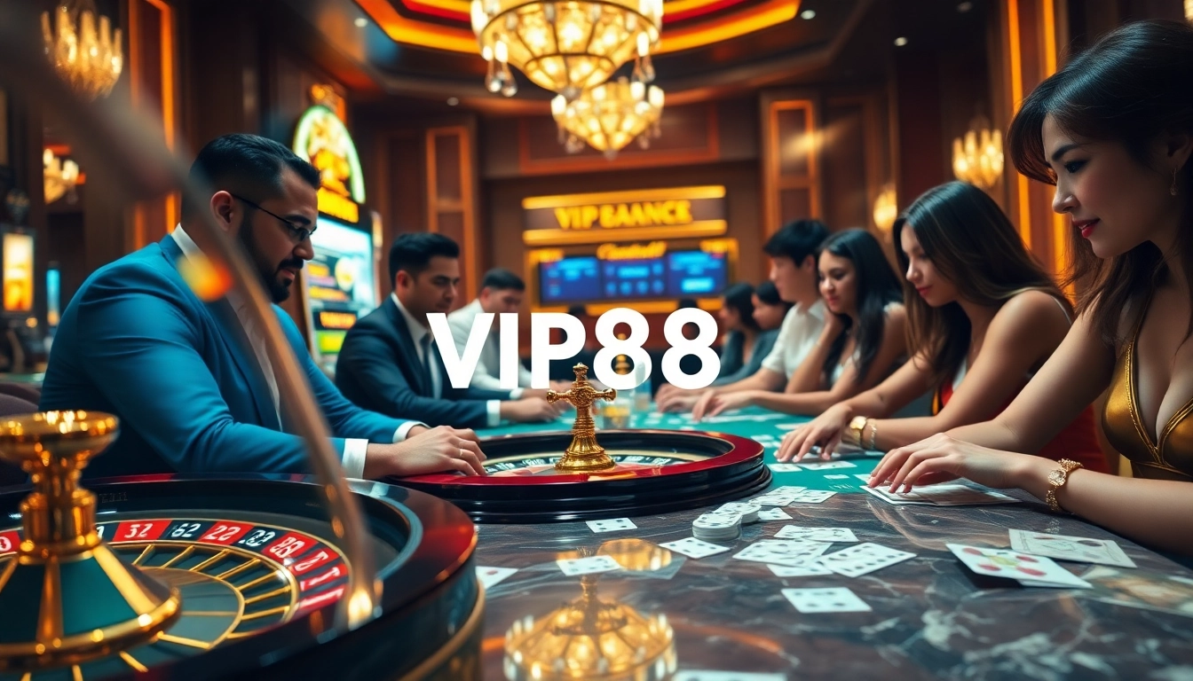 Players enjoying a thrilling game at VIP88 casino, showcasing excitement and luxury.