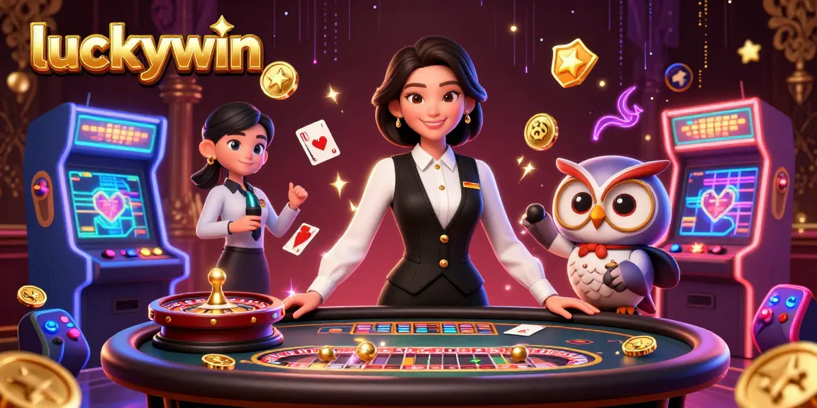 Experience excitement with luckywin as a dealer conducts baccarat amidst vibrant casino elements.