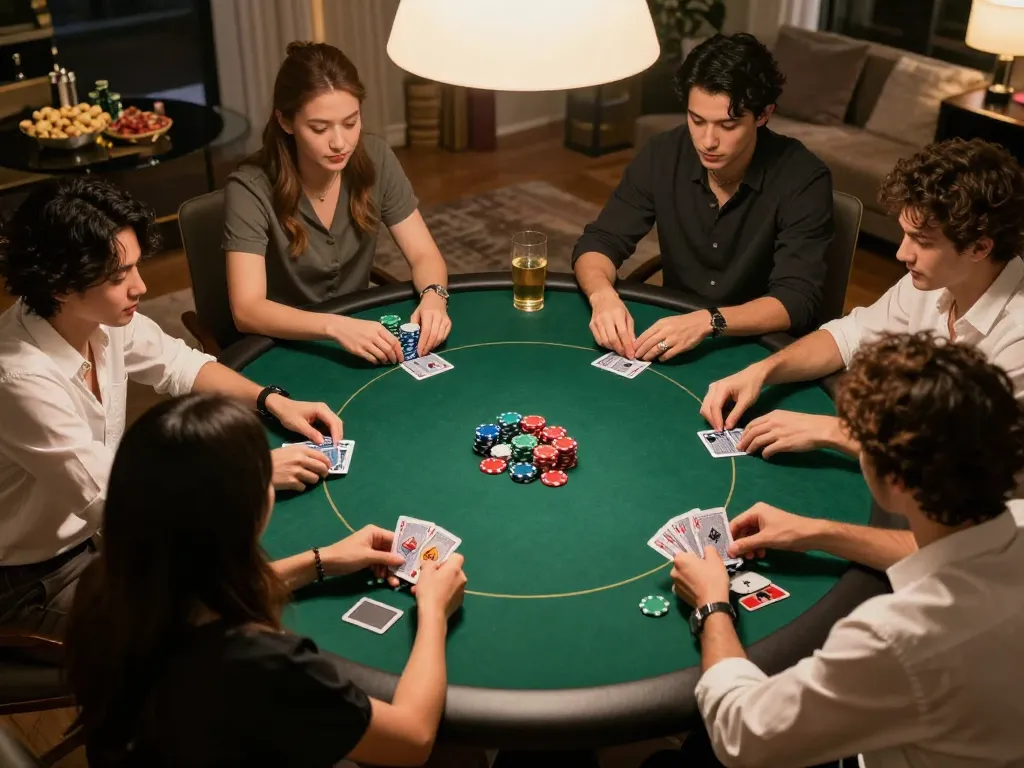 Friends enjoying a competitive poker game at home, showcasing the excitement around Trang chủ ok8386 atmosphere.