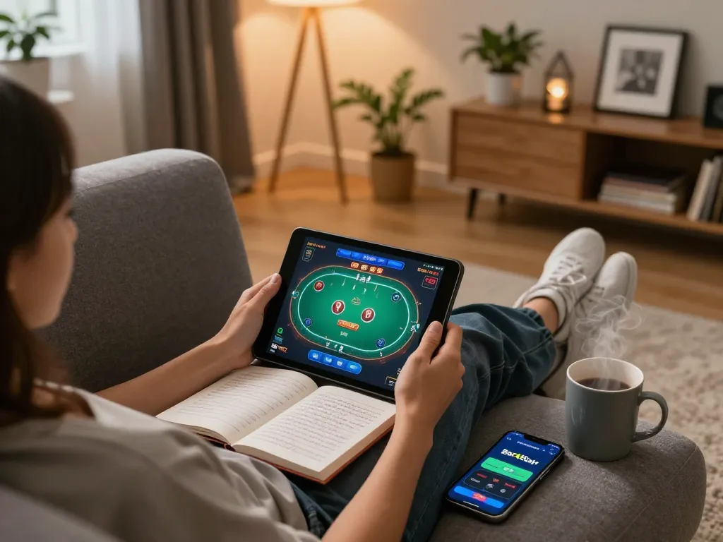 Engaging online gambling experience on Bet4Star Netherland app, showcasing lively poker gameplay on tablet amid cozy home setting.