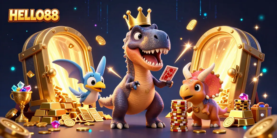 HELLO88 showcases a friendly T-Rex juggling cards while friends stack golden chips at a casino scene.