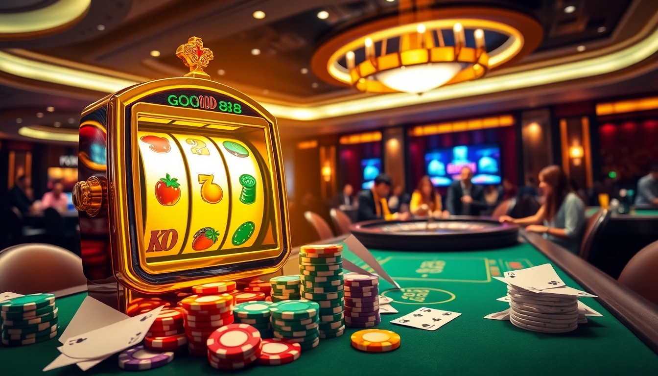 Experience lively gaming action at Good88 with vibrant slot machines and poker chips.