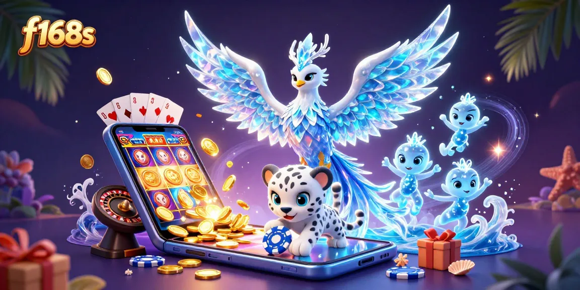 Play exciting casino games with f168s, featuring a vibrant ice phoenix and colorful slot games.
