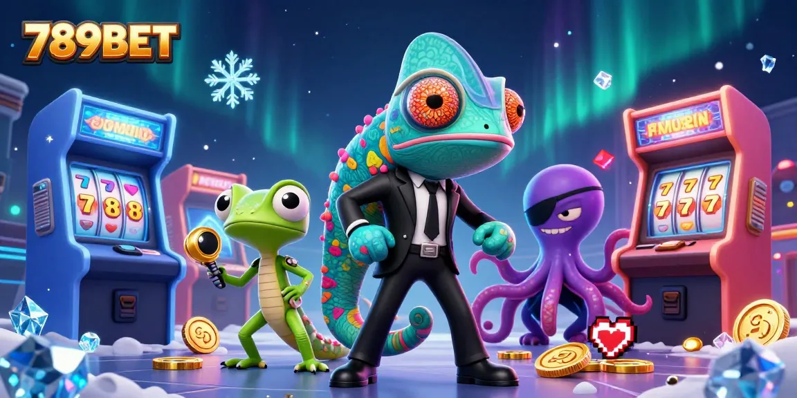 Engage with 3D casino fun at 789BET featuring a chameleon, a gecko, and an octopus amidst colorful gaming graphics.