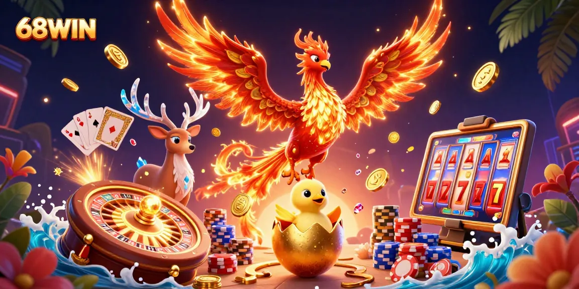 Experience the thrills at 68WIN, where gold coins and neon lights bring the casino to life.