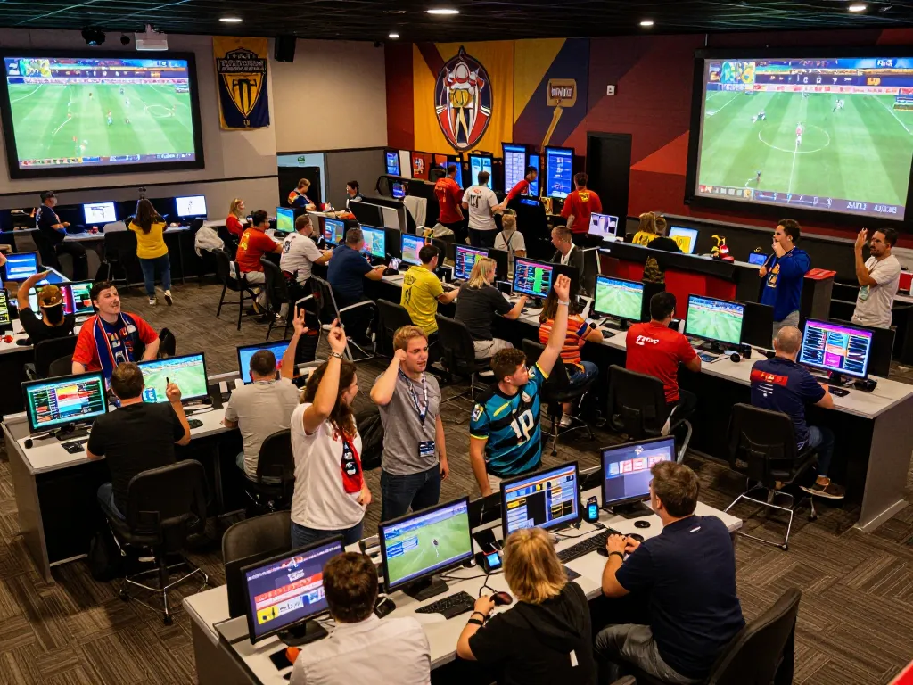 Nowgoal bettors celebrating wins at a lively sports betting venue, vibrant atmosphere and real-time odds displayed.
