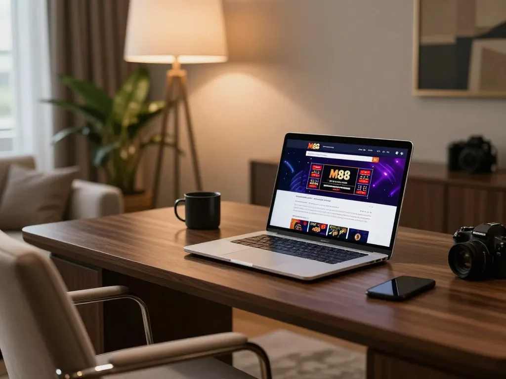 Engaging online gaming scene at https://www.mnm88.com/ showing an elegant setup with a laptop on a stylish desk.