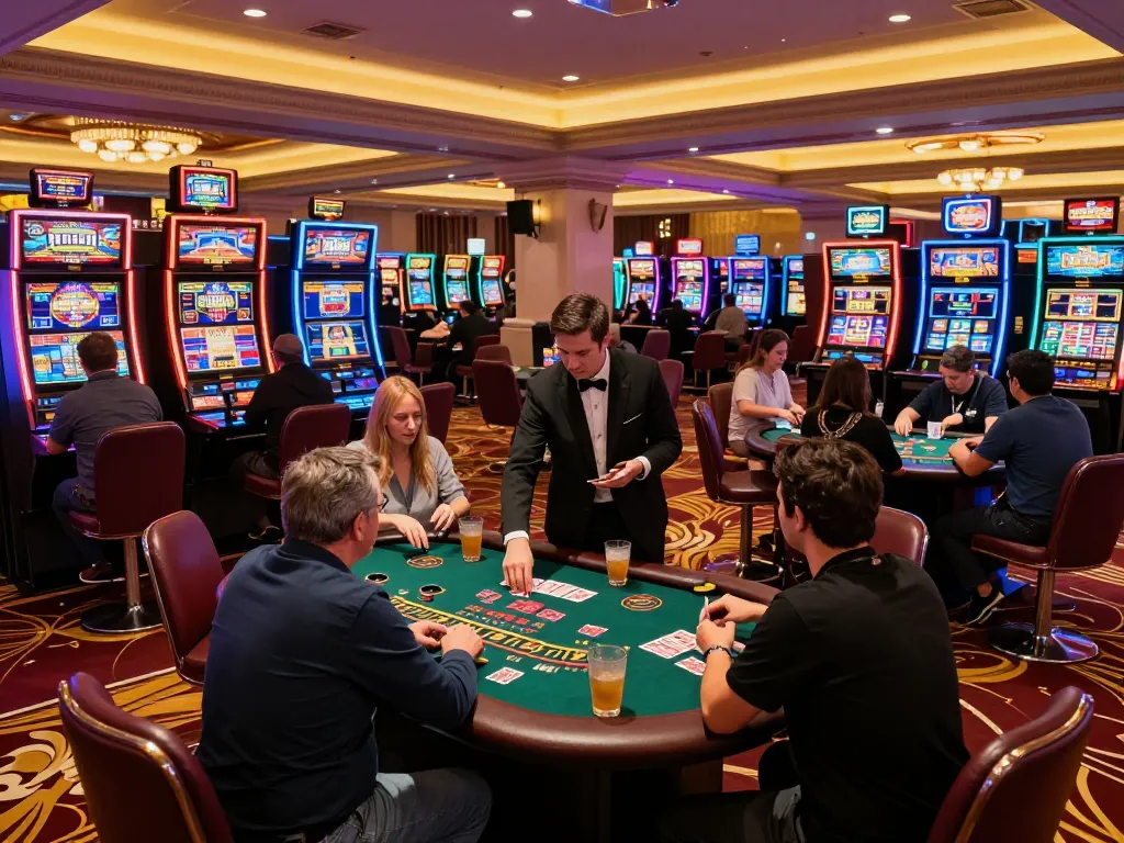 Players engaging in 33WIN casino gaming at a lively blackjack table, vibrant atmosphere.
