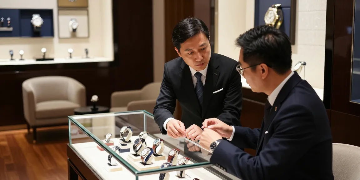 Elegant sale of replica watches in a luxury retail setting.