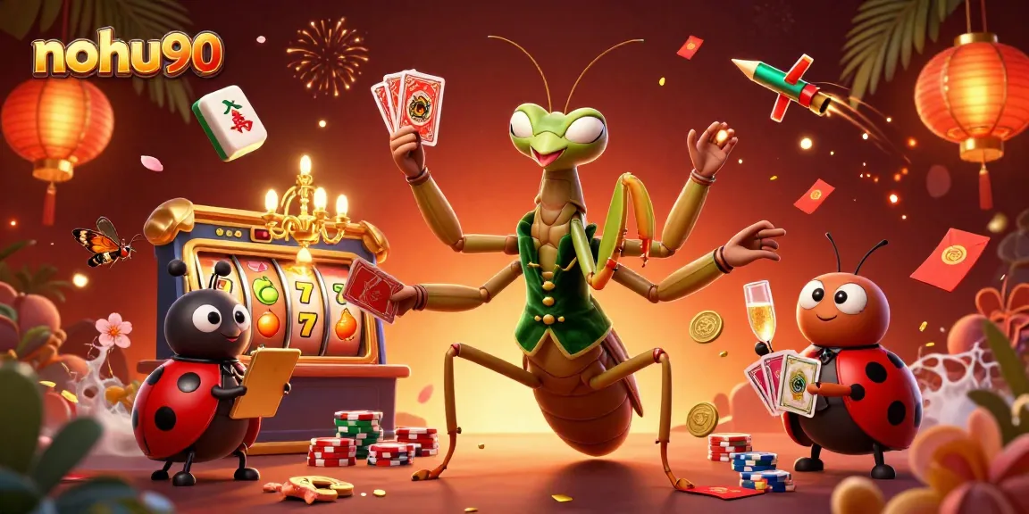 Nohu90 features a giant praying mantis card sharp and ladybug pit boss in a vibrant casino scene.