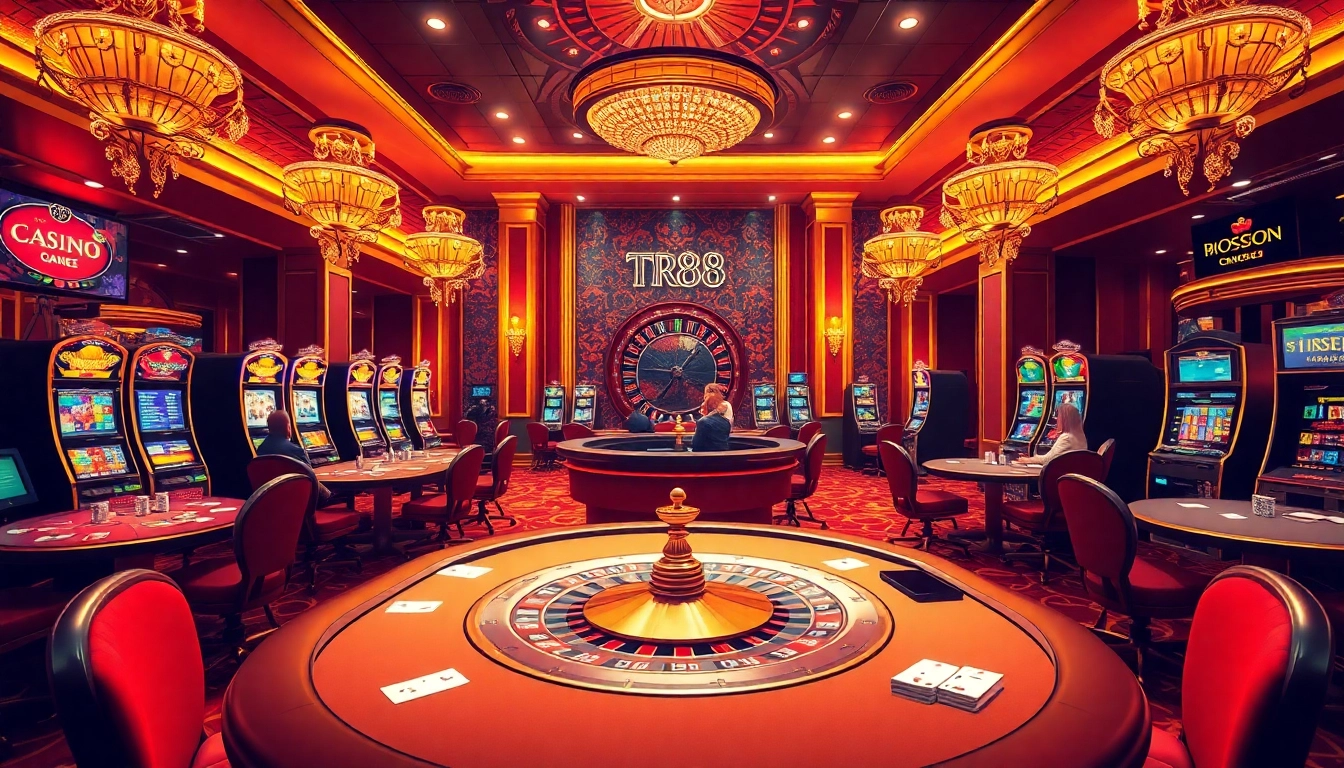 Experience the excitement of the tr88 game at a luxurious casino featuring vibrant slot machines and poker tables.
