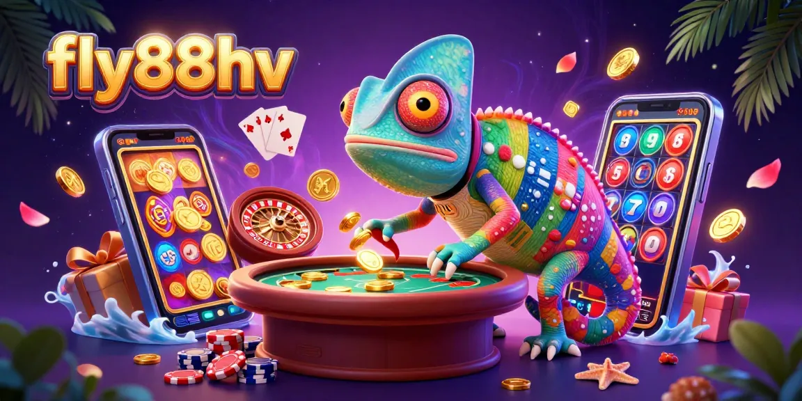Experience the vibrant fly88hv casino world with the colorful chameleon owner amidst thrilling games.