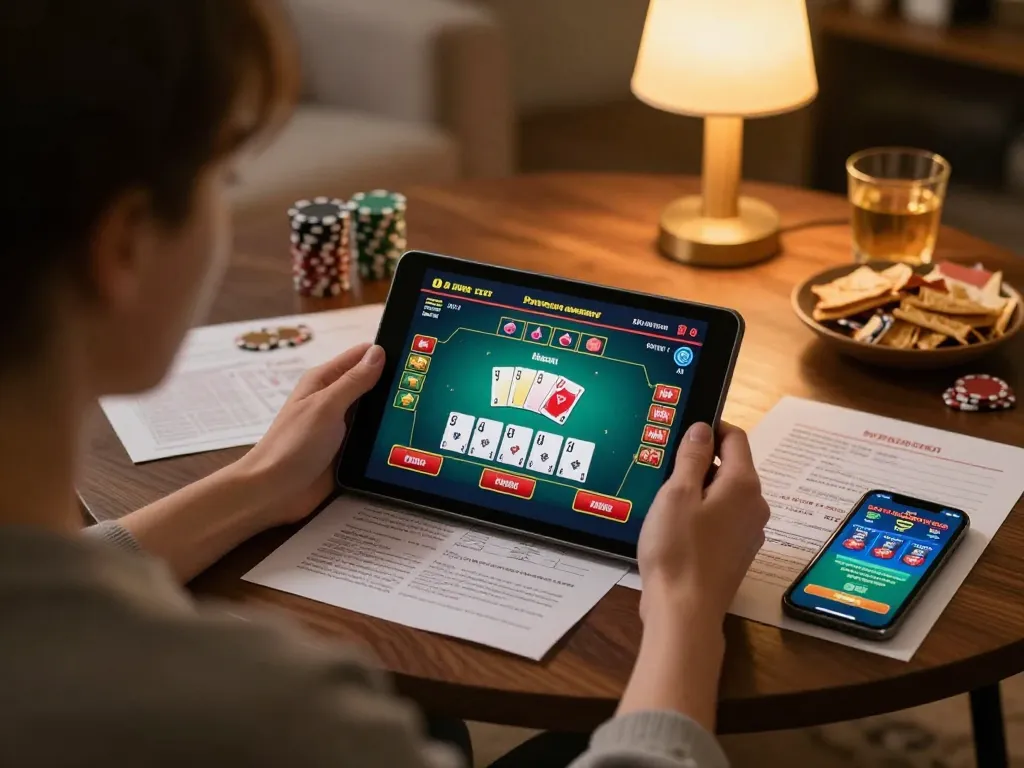 Engaging in SC88 online poker gameplay with strategic planning in a cozy home setting.