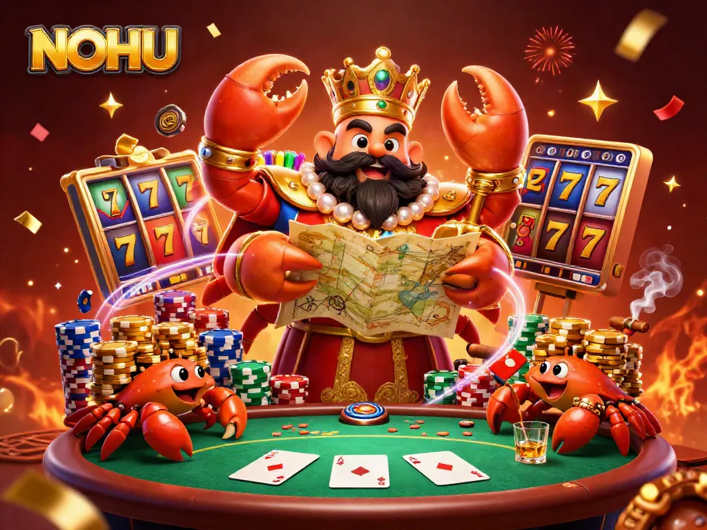 Experience thrilling gameplay with NOHU’s golden crab emperor amidst vibrant slot elements and poker excitement!