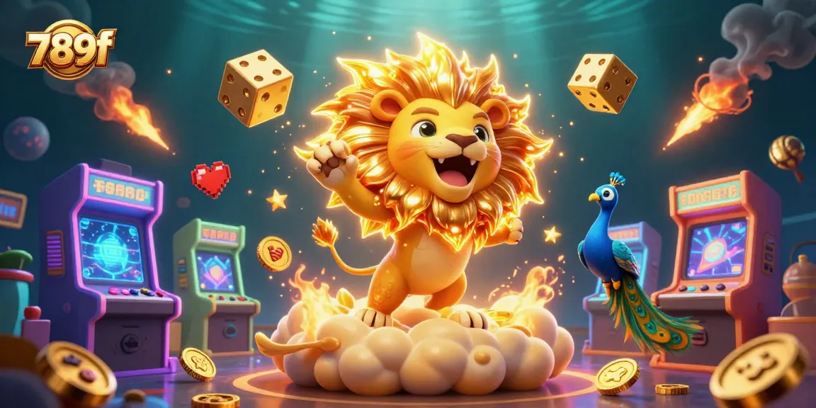 Experience thrilling gameplay with 789f in this vibrant casino scene featuring a roaring lion and colorful game elements.
