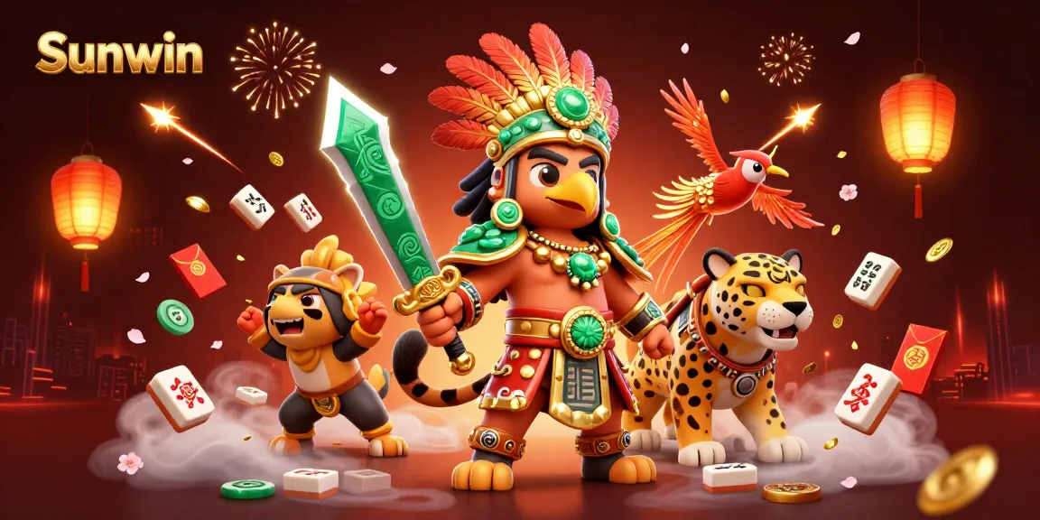 Engage with Sunwin's exciting gaming adventures featuring dynamic Aztec warriors in a vibrant casino setting.