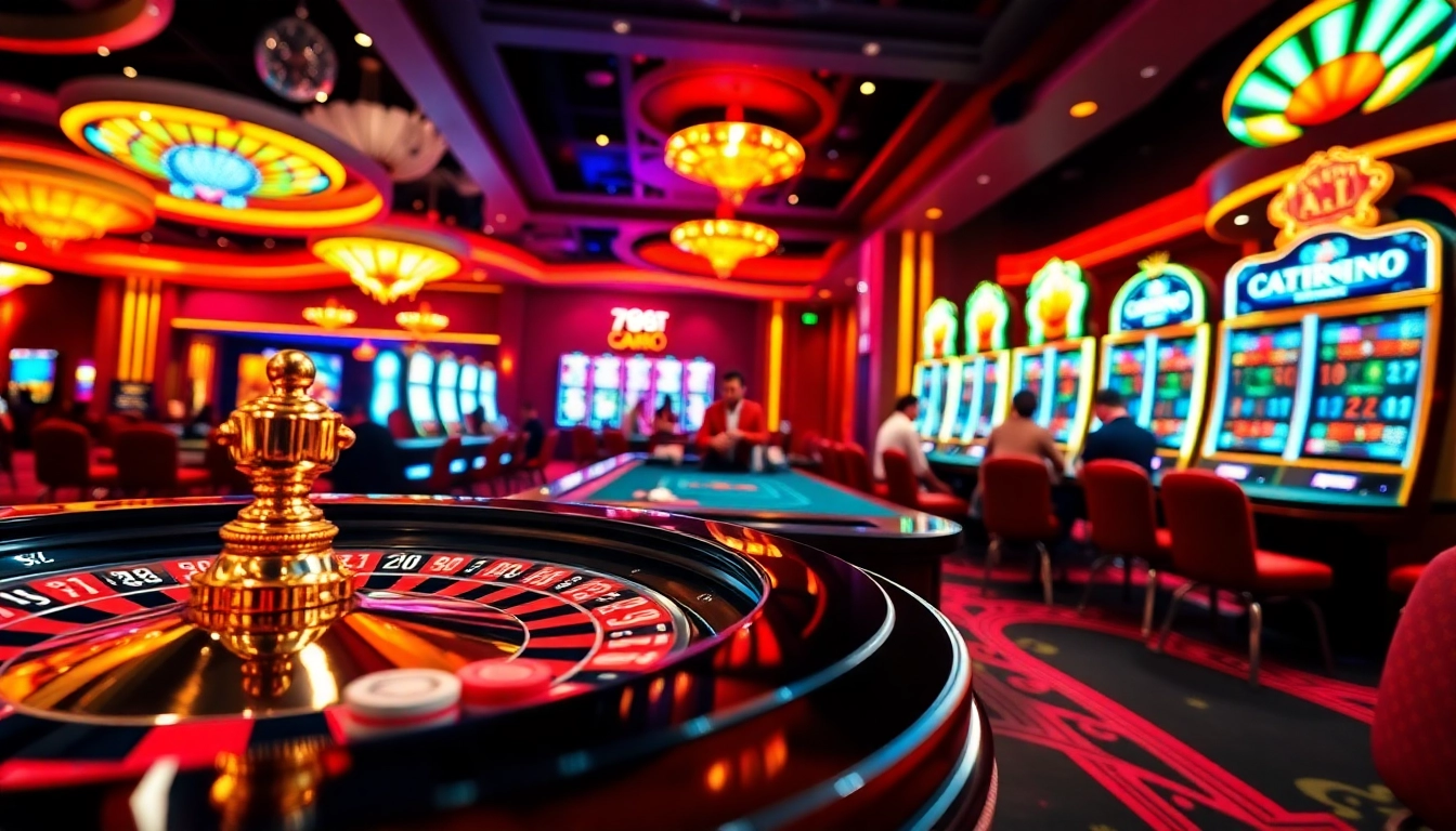 A vibrant casino scene from https://789betg.com/ showcasing roulette and poker tables, emphasizing excitement and professionalism.
