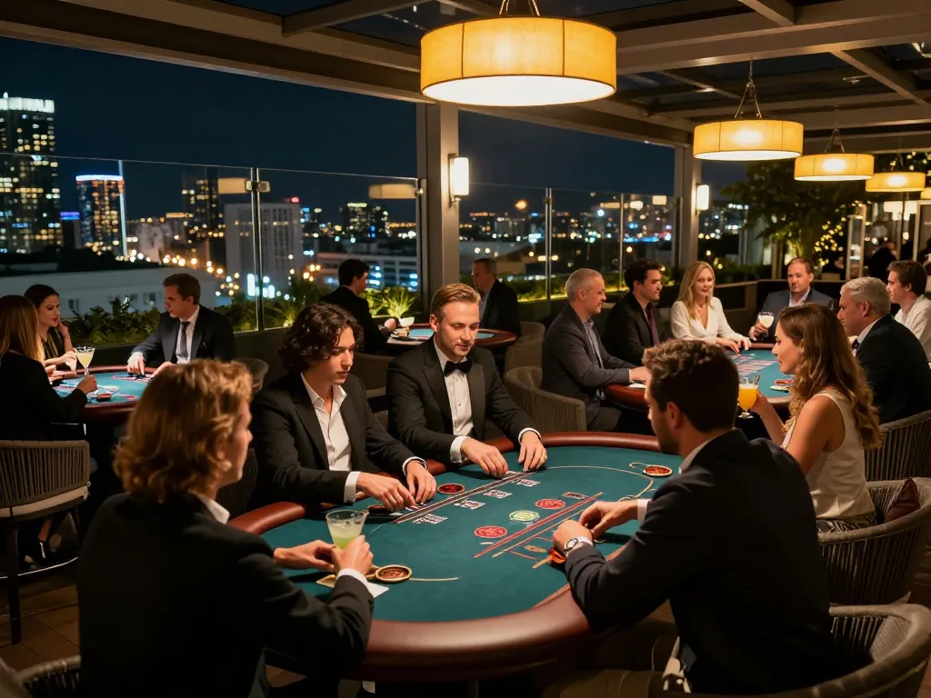 Fabet players strategizing during an exciting outdoor blackjack game at a chic rooftop casino.
