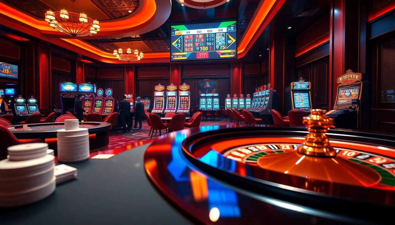 Exciting casino scene showcasing top games at Nhà Cái 68VIP Có Uy Tín with vibrant poker tables and roulette.