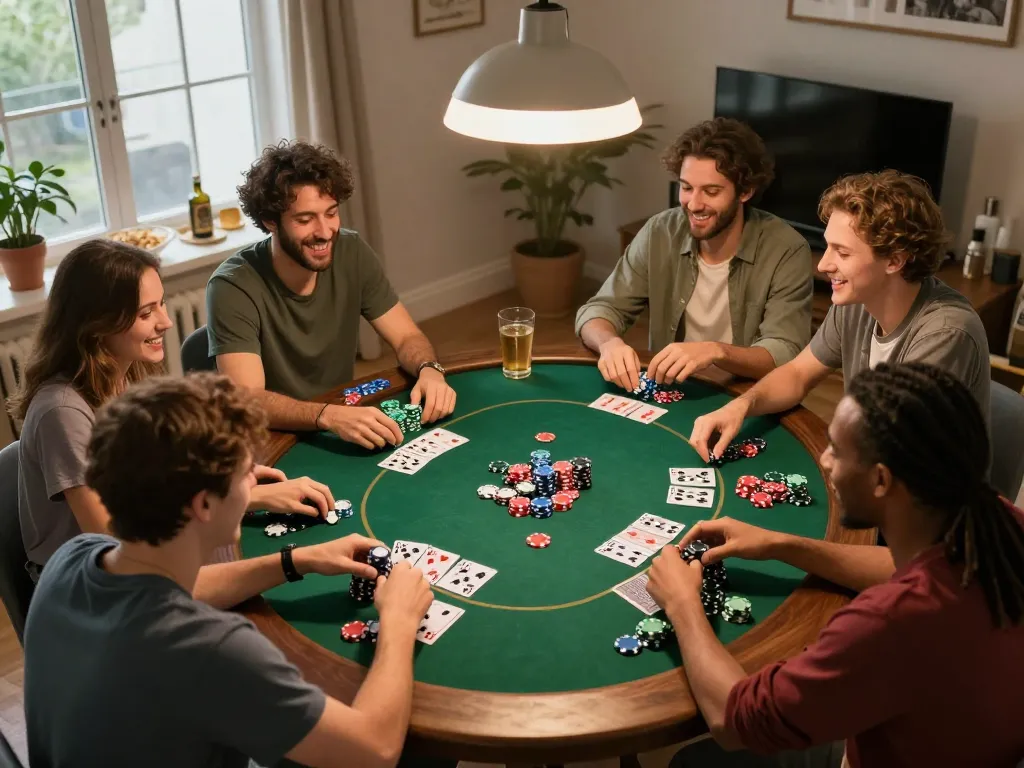 Friends enjoying a lively poker night at home, emphasizing strategic gameplay experience at 789f.