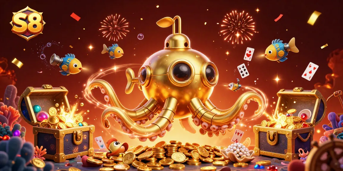 S8 brings fortune with games and excitement, featuring a golden kraken submarine amidst treasures.