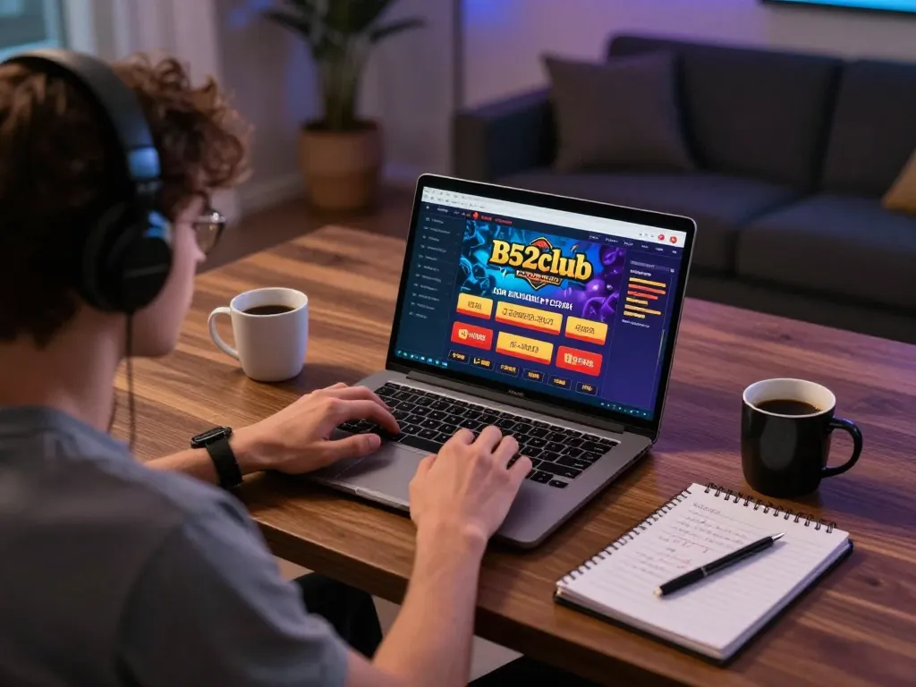 Engaged player strategizing while using the B52club online casino platform at home.