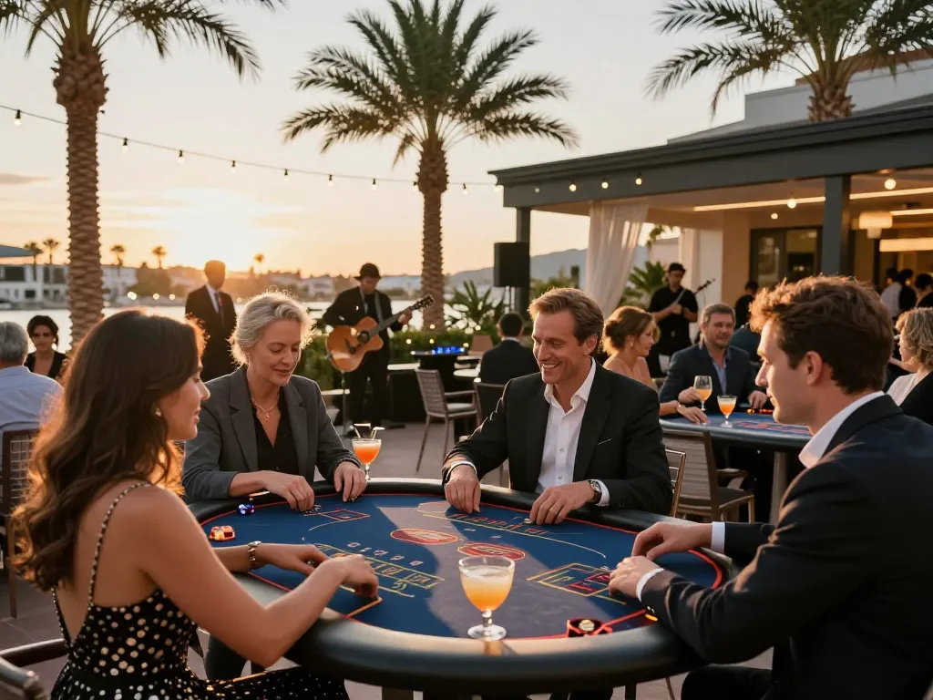 Kuwin players enjoying outdoor card games and cocktails in a luxurious casino setting