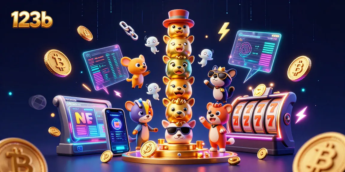 Play thrilling games at 123b while surrounded by vibrant casino-themed elements and crypto symbols.