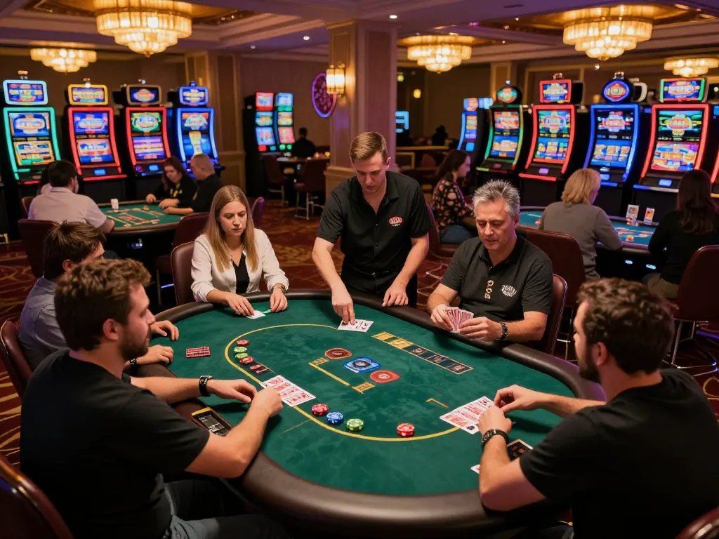 Players enjoying poker games and vibrant slots at HI88's casino floor, showcasing excitement and strategy.