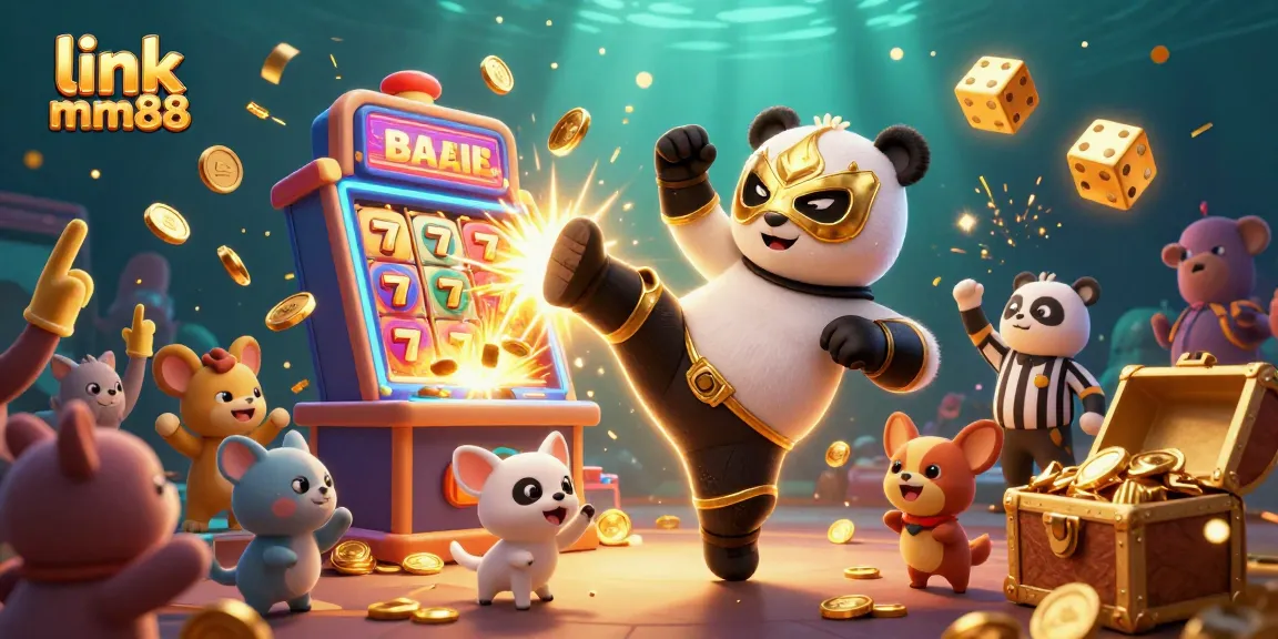 Engage with the excitement of link mm88, where vibrant characters burst through a dynamic casino scene filled with jackpots and foaming audience.