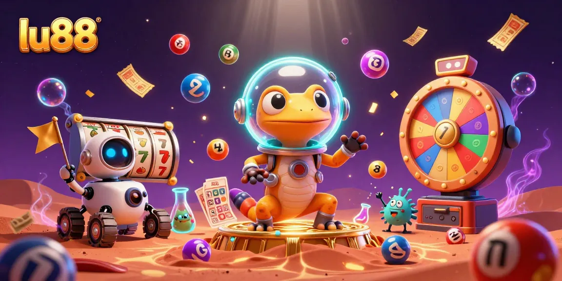 lu88 showcases Martian gecko discovering a vibrant casino filled with dynamic gambling elements