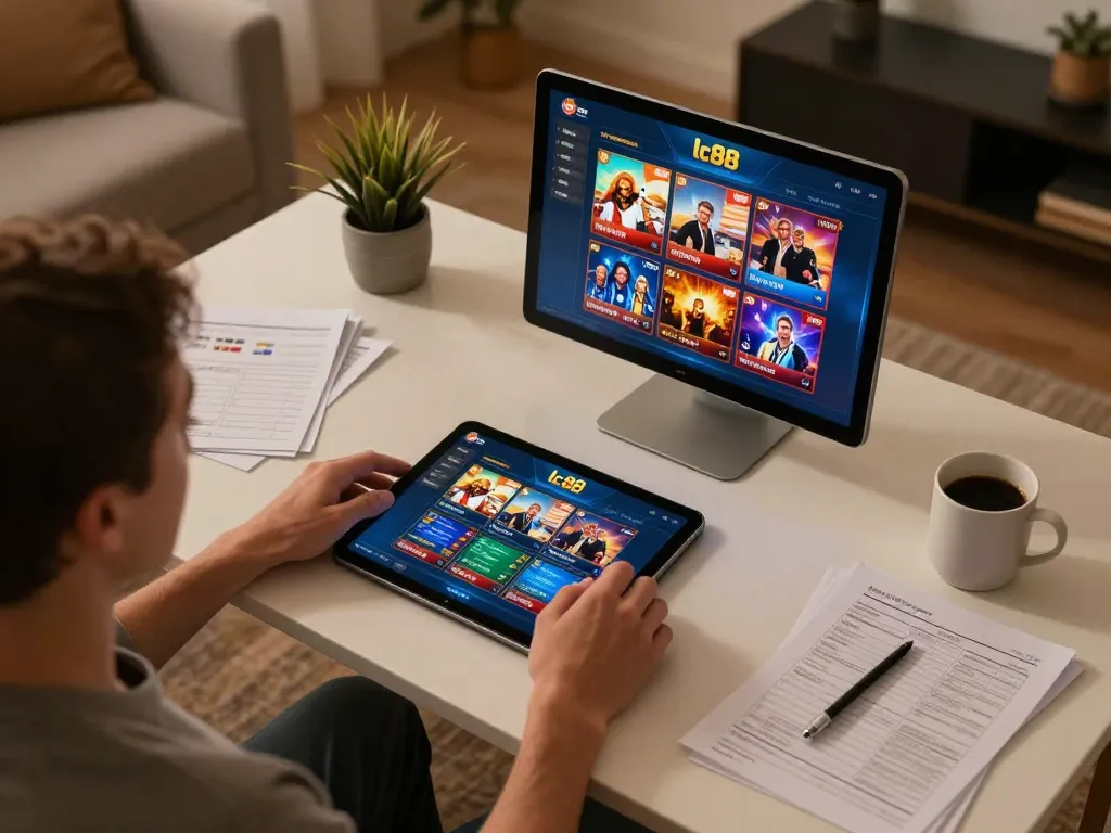 Engaging in lc88 online gaming strategy with tablet setup in a cozy personalization.