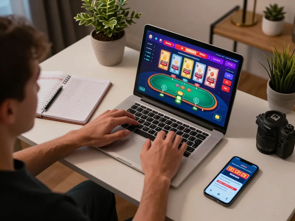 Engaging in online casino gameplay on laptop showing https://tx88.bid/ with strategic notes nearby.