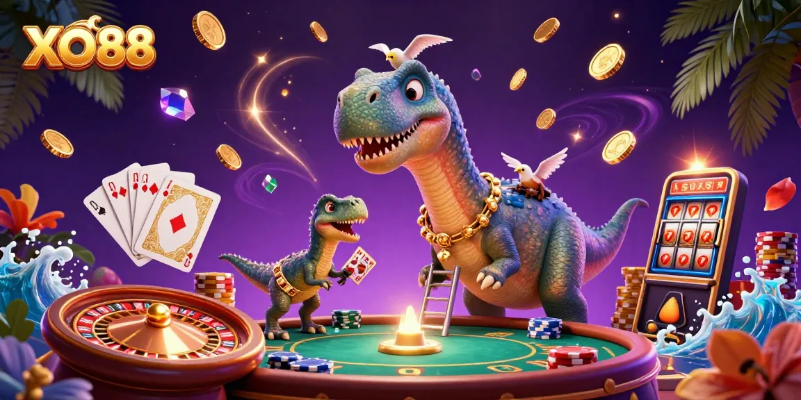 Experience winning thrills with XO88's vibrant casino scene featuring a playful dinosaur and dynamic games.