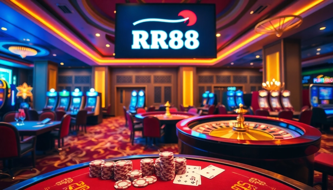 Experience the thrill of gaming with RR88 in a luxurious casino setting featuring tables and chips.