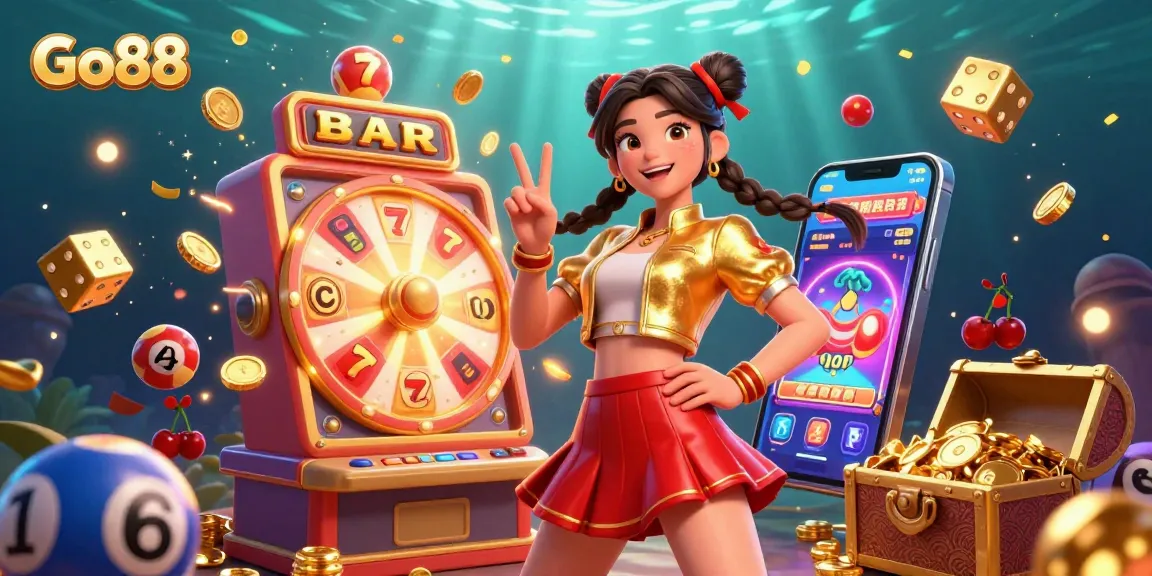 Experience the thrill of Go88 as vibrant characters celebrate amidst jackpots and colorful casino action.