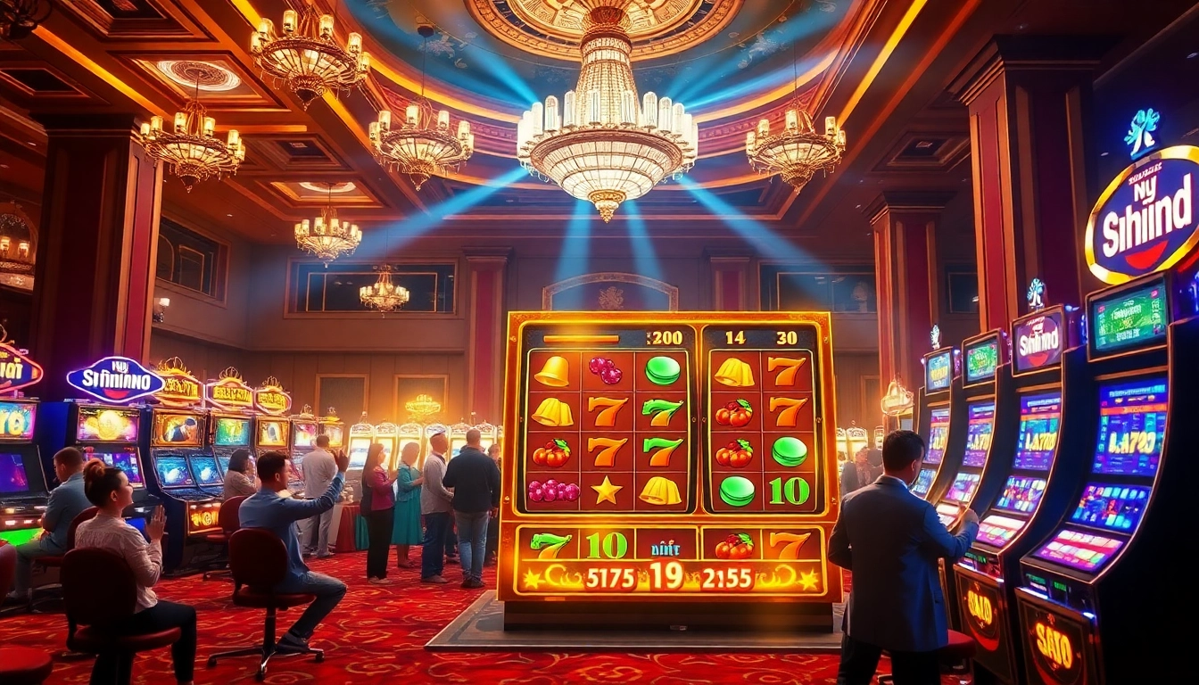 Excited players engaging with a vibrant 'nổ hũ' slot machine in a luxurious casino setting.