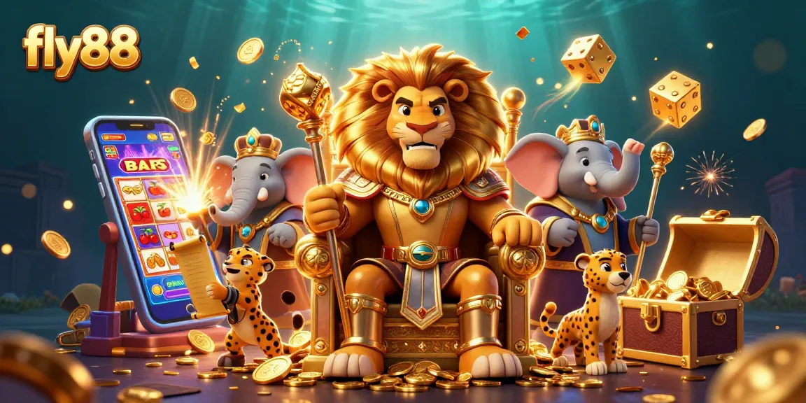 Experience winning at fly88 with the lion king and vibrant casino elements in a dynamic 3D scene.