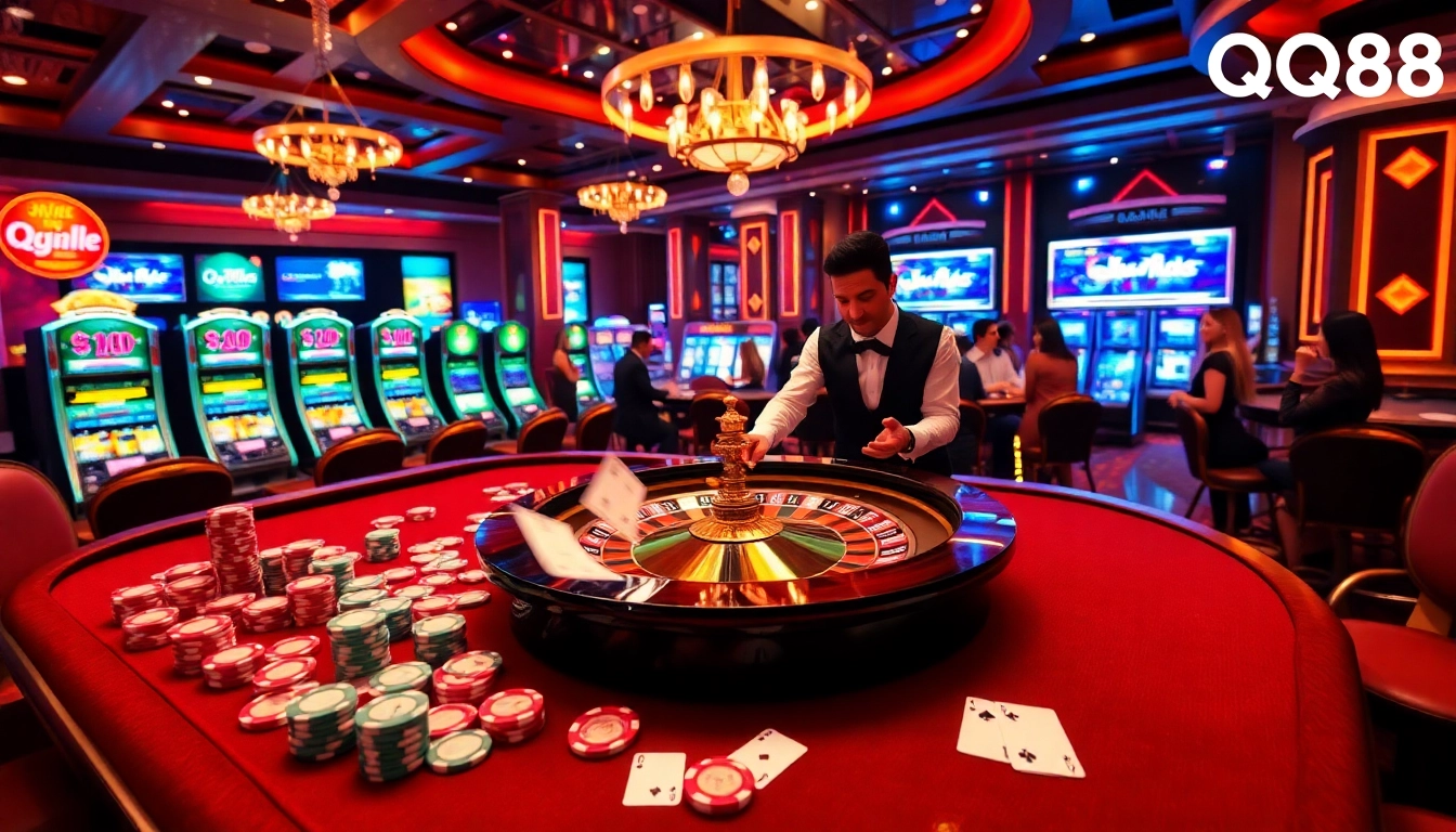Players engaging at a QQ88 casino table with vibrant poker chips and roulette wheel, reflecting excitement.