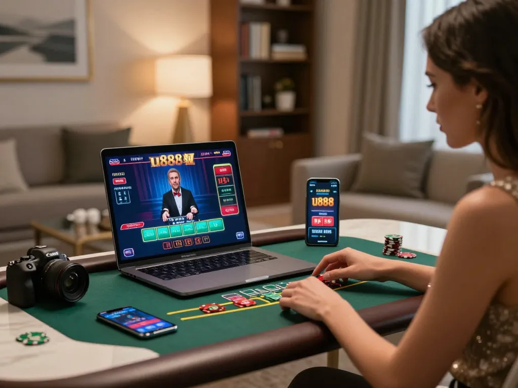 Exciting u888 online blackjack gameplay at home, showcasing a user engaged with a laptop and smartphone.