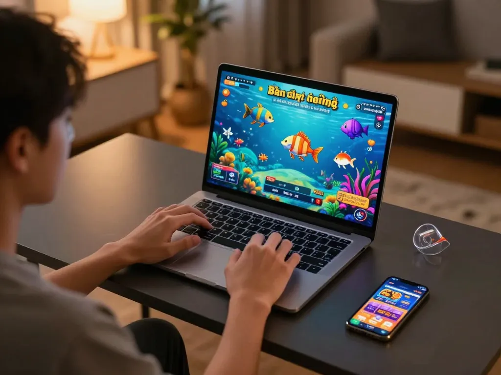 Engaging in bắn cá đổi thưởng online gameplay in a modern home setup, showcasing vibrant visuals and a strategic atmosphere.
