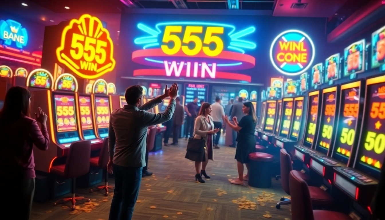 Exciting casino scene depicting a '555 win' celebration with players and slot machines.