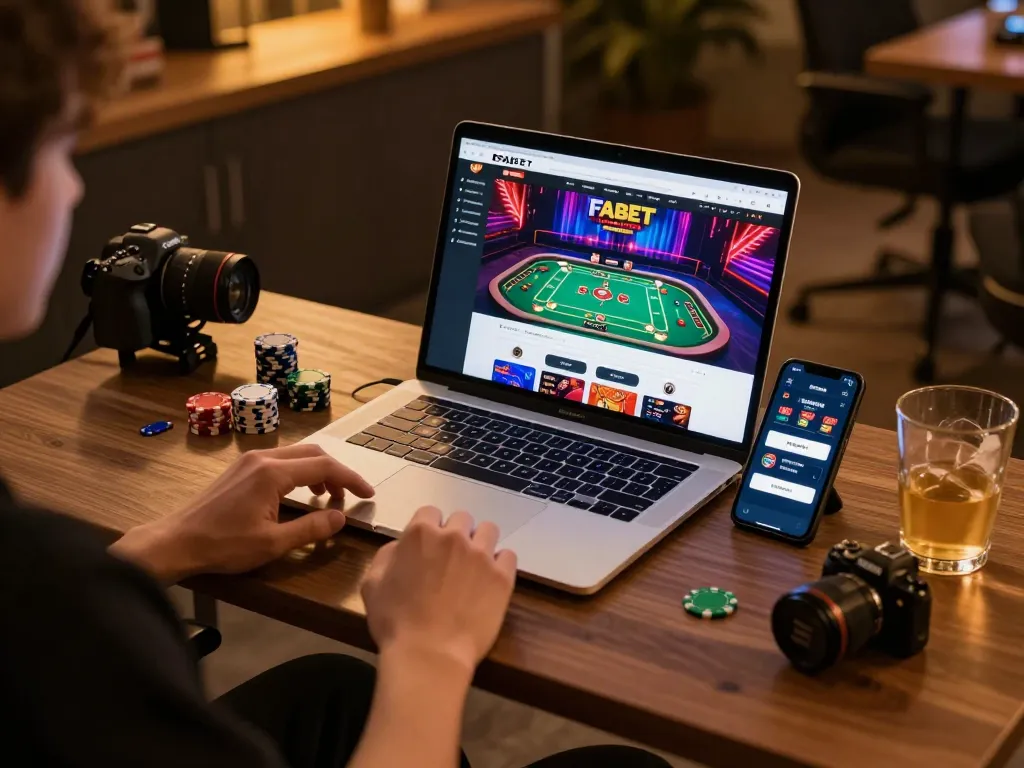 Experience FABET's exciting online gaming with a laptop showcasing live dealer games and betting options