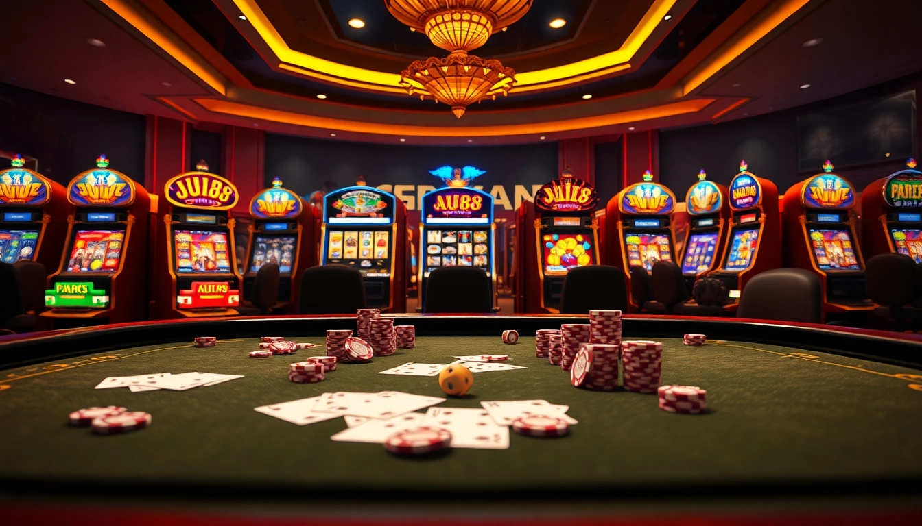 Experience the excitement of au88 with vibrant casino tables, poker chips, and slot machines.
