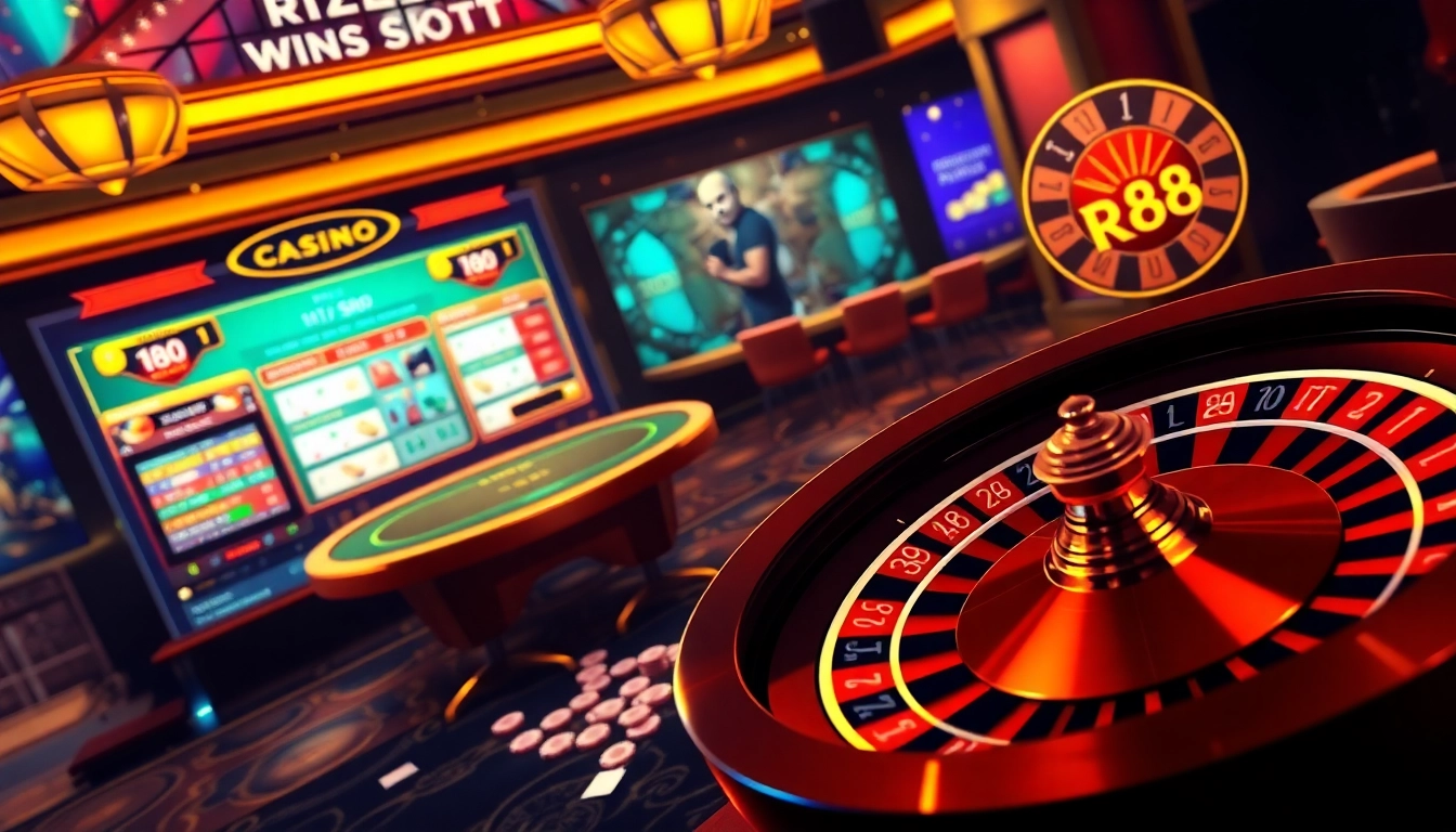 Players enjoying online gaming at RR88, featuring poker tables and vibrant slot machines.