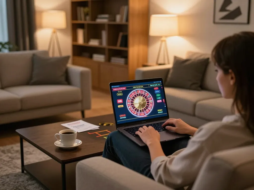 Player engaging in online casino gaming with NK88 interface from a cozy home setup