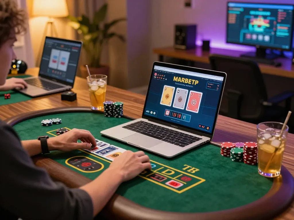 Player enjoying nohu90 live dealer baccarat on a laptop with colorful gaming chips and cards visible.
